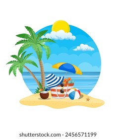 Summer accessories for the beach. Bag, sunglasses, flip flops, starfish, ball, Umbrella . Against the background of the sun the sea and palm trees. Vector illustration in flat style