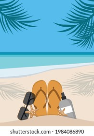 Summer accessories for the beach.  Sunglasses, flip flops, starfish, sunscreen. Against the background of the sun the sea and palm trees. Vector illustration in flat style