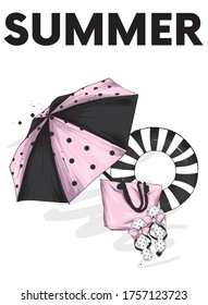 Summer accessories - beach umbrella, beach bag and stylish shoes. Fashion & Style. Vector illustration for postcard or poster, print.