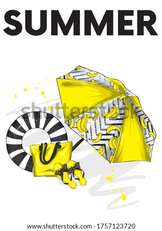 Summer accessories - beach umbrella, beach bag and stylish shoes. Fashion & Style. Vector illustration for postcard or poster, print.
