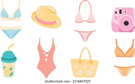 Summer accessories for the beach. Summer  vector flat illustration.