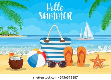 Summer accessories for the beach with yachts. Bag, sunglasses, flip flops, starfish, ball. Against the background of the sun the sea and palm trees. Vector illustration in flat style