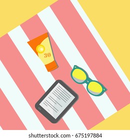 Summer accessories with e book reader. Flat vector illustration of sunscreen lotion, reader and sunglasses. 