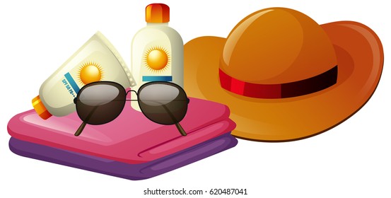Summer accessories with hat and towels illustration