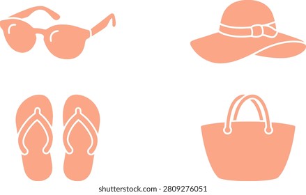 Summer Accessories Including Sunglasses, Hat, Flip-Flops, and Tote Bag on a White Background