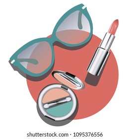 Summer accessories lipstick sunglasses cosmetics