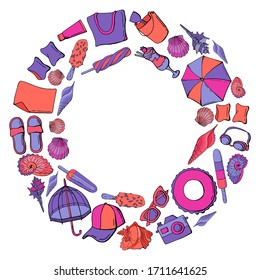 Summer accessories made in a circle. Cartoon style.
Stock illustration. White background, isolate.