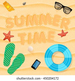 Summer accessories on the beach. Travel concept - vector illustration. 