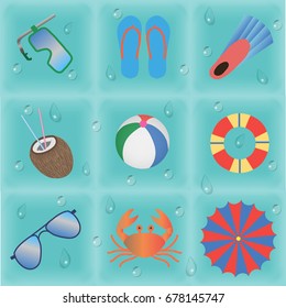 summer accessories on water background with drops