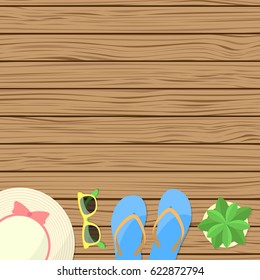 Summer accessories on a wooden table. Vector.