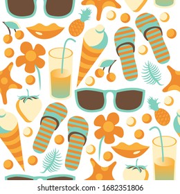 Summer accessories seamless pattern. Repetitive vector illustration of summer items. Strawberries, sandals, drinks, flowers, cherries, icecreams, lips, starfishes, pineapples, sunglasses, lefs. EPS 10