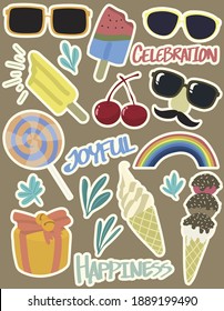Summer accessories sticker. Summer vector, sunglasses, watermelon, ice cream, ice cream, cherry, gift. Summer celebration and joyful.
