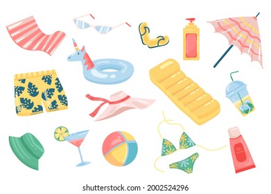 Summer accessory cute elements isolated set. Collection of sunglasses, sunscreen, umbrella, shorts, unicorn rubber ring, air mattress, cool drinks, swimsuit. Vector illustration in flat cartoon design