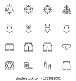 Summer accessory line icons set, outline vector symbol collection, linear style pictogram pack. Signs, logo illustration. Set includes icons as swimsuit, beach shorts, sun, sailboat, travel passport