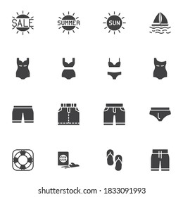 Summer accessory vector icons set, modern solid symbol collection, filled style pictogram pack. Signs, logo illustration. Set includes icons as swimsuit, beach shorts, sun, sailboat, travel passport
