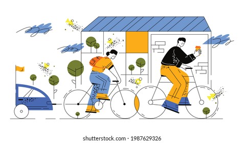 Vacaciones familiares activas de verano. Un hombre y una chica montan en bicicleta y disfrutan de la naturaleza. Una familia feliz está montando bicicletas al aire libre y sonriendo. Gente disfrutando de un estilo de vida saludable. Actividad recreativa al aire libre.