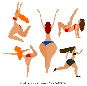 Summer Active holiday on the beach  set girls actively having  rest on the seashore collection of silhouettes of women in various poses of yoga Summer sport Running yoga beach rest Vector illustration