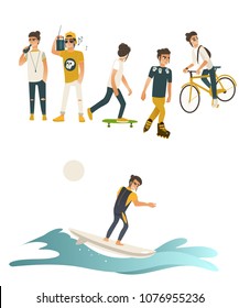 Summer active recreations set with guy riding bike, rollerskating, surfing, skateboarding, listening to music on boombox and eating ice cream - isolated on white background vector illustration.