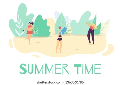 Summer Active Time Outdoors Flat Cartoon Body Positive Motivational Banner Plus Size Happy Woman Playing Ball Doing Fitness Sunbathing Vector Illustration Natural Landscape Template Holiday Activities