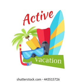 Summer active vacation concept banner. Flat design vector illustration. Set of things for active rest on seacost. Diving mask, fins, surfboard, palm tree on white background.