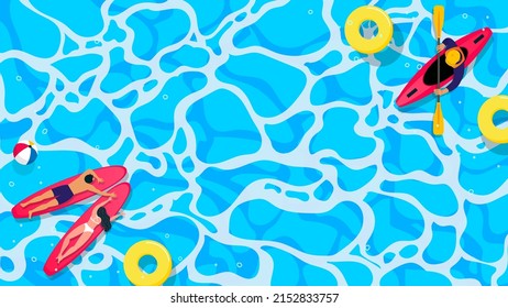 Summer activities background vector illustration. Kayaking and Surfing with copy space