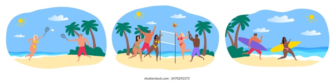 summer activities beach sports set people playing volleyball badminton surfing vector illustration 