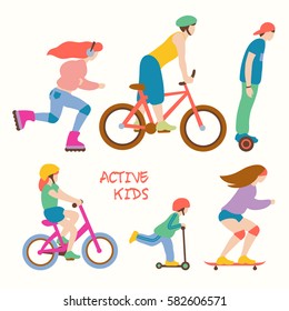 Summer activities cartoon set. Active kids riding and playing outdoor.Characters illustration for your design. 