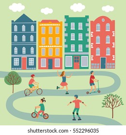 Summer activities cartoon set including children, buildings, trees, road. Active kids riding and playing outdoor.