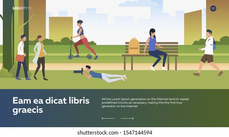 Summer activities in city park. People relaxing, taking pictures, riding scooter, walking vector illustration. People, lifestyle concept for banner, website design or landing web page