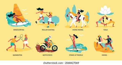 Summer activities colored compositions on yellow background with text comment including yoga horse riding motocross badminton flat vector illustration