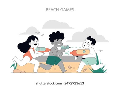 Concepto de Actividades de Verano. Los niños participan en la diversión de la pistola de agua juguetona en la playa, capturando la esencia de la alegría del verano. Ilustración vectorial.