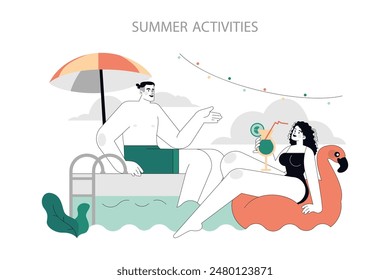 Summer Activities concept. Couple enjoying poolside relaxation with drinks and inflatable swan float. Leisurely day under umbrella shade. Vector illustration.