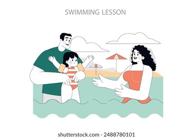 Summer Activities concept. A family enjoys a swimming lesson at the beach with laughter and learning. Joyful bonding in the water with safety floaties. Vector illustration.