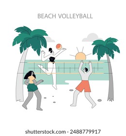 Summer activities concept. Friends enjoy a lively game of beach volleyball among palm trees on a sunny day. Outdoor sports, recreation, and camaraderie. Vector illustration.