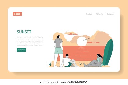 Summer Activities concept. Friends relax on the beach at sunset, enjoying a serene evening by the sea with surfboards nearby. Vector illustration.