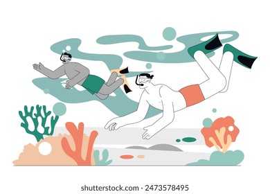 Summer activities concept. Illustration of two people enjoying snorkeling among vibrant coral reefs. Exploring underwater marine life during holidays. Vector illustration.