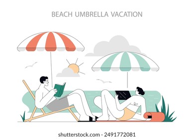 Concepto de actividades de verano. Personas para relajarse bajo las sombrillas de la playa, leer y disfrutar de unas vacaciones junto al mar con un telón de fondo de puesta de sol. Ilustración vectorial.