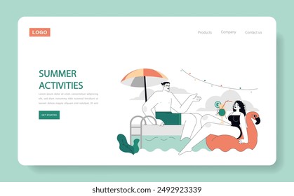 Summer activities concept. Relaxed man and woman enjoying poolside leisure with drinks and floaties. Whimsical portrayal of vacation moments. Vector illustration.