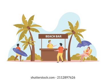 Actividades de verano composición de color plano con palmeras de paisaje al aire libre y cabina de bar de playa con ilustración de vector de personas