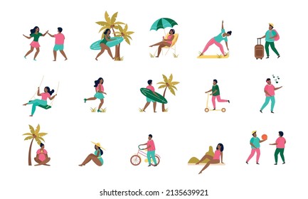 Summer activities flat set of isolated icons with lounge chairs palms leisure equipment and human characters vector illustration