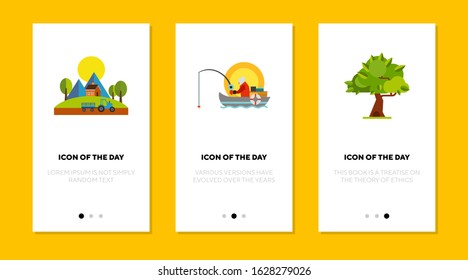Summer activities flat vector icon set. Farm, fishing, tree isolated sign pack. Country lifestyle and nature concept. Vector illustration symbol elements for web design and apps.