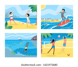 Summer activities flat vector illustrations set. Young men and women on vacation, tropical resort cartoon characters. Surfing, scuba diving, badminton and beach volleyball. Active summertime leisure