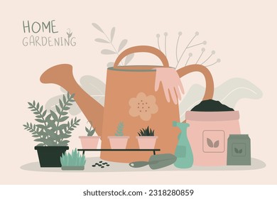 Summer activities and growing plants concept, plant in a pot, tools for gardening. Outdoor garden metal tools, home gardering agriculture equipments and accessories. flat vector illustration