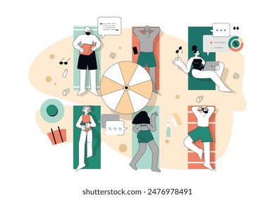 Summer Activities illustration. Diverse characters enjoying leisure at the beach, from reading to dancing. Relaxed vacation vibes and digital detox. Vector illustration.