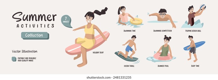 Summer Activities Illustration. People Holiday. Person Surfing. People Swimming. People in the swimming pool. People on the beach. Beach Party Illustration. Summer Kit. Summertime.