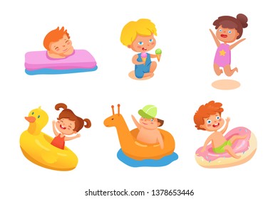 Summer activities for kids flat illustrations set. Children vector characters having fun on beach. Toddlers swimming in pool, sea isolated cliparts pack. Boys and girls floating on inflatable rings