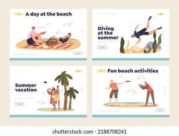 Las actividades de verano sobre el concepto de playa de las páginas de aterrizaje de plantilla con gente joven en vacaciones en el balneario, jugar al juego al aire libre, bucear, hacer picnic y relajarse. Dibujo vectorial plano de dibujos animados