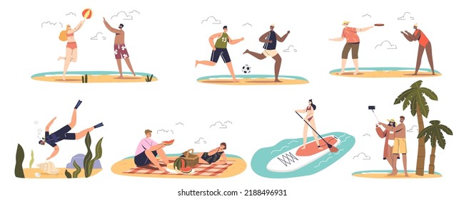 Summer activities on beach set. Young people on vacation on sea resort, play outdoor game, practice sup paddleboarding, diving, football, volleyball, picnic and relax. Cartoon flat vector illustration