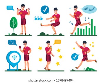 Summer Activities and Outdoor Fitness Training for Healthy Lifestyle Trendy Flat Vector Concepts Set. Young Man in Shorts, Tracking Workout Results with Cellphone, Relaxing After Training Illustration