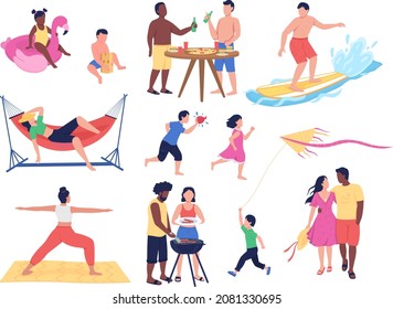 Summer Activities Semi Flat Color Vector Character Set. Posing Figures. Full Body People On White. Beach Isolated Modern Cartoon Style Illustration For Graphic Design And Animation Collection